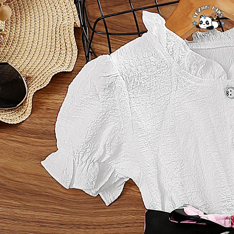 LEZONKIDS - Kids Clothing Girls Cotton Polyester Ruffle Collar Sleeve Shirt Tulle Flower Print Skirt Girls Set Dresses for Kids Girls Custom